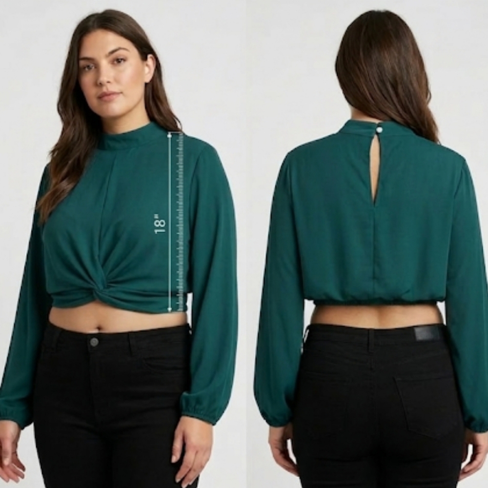 Chiffon Crop Top Blouse Women's XL Emerald Green Long Sleeve Coquette Girl Y2K